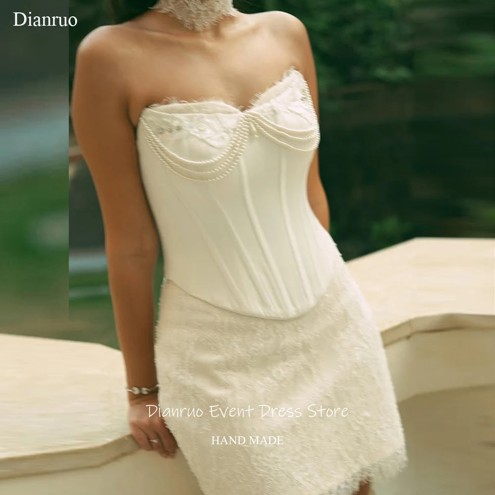 

Dianruo Luxury Pearls Lace Wedding Dresses Sleeveless Mini Length Vestido Novia Sweetheart Chic Civil Robe De Mariée Customized