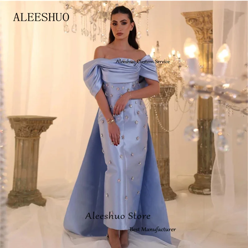 Elegant Purple Satin Sheath Prom Dress Simple Off The Shoulder Pleat Crystal Party Dress  فستان سهرة Sleeveless Sexy Ba