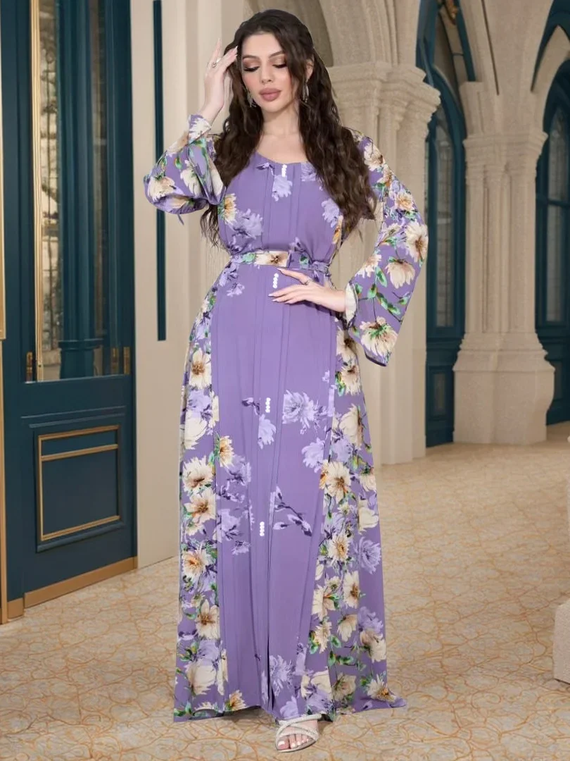 Moroccan Caftan for Women Party Dress Flower Print Sashes Long Robe Ramadan Dubai Abayas Dresses Jalabiya Eid Muslim Vestidos