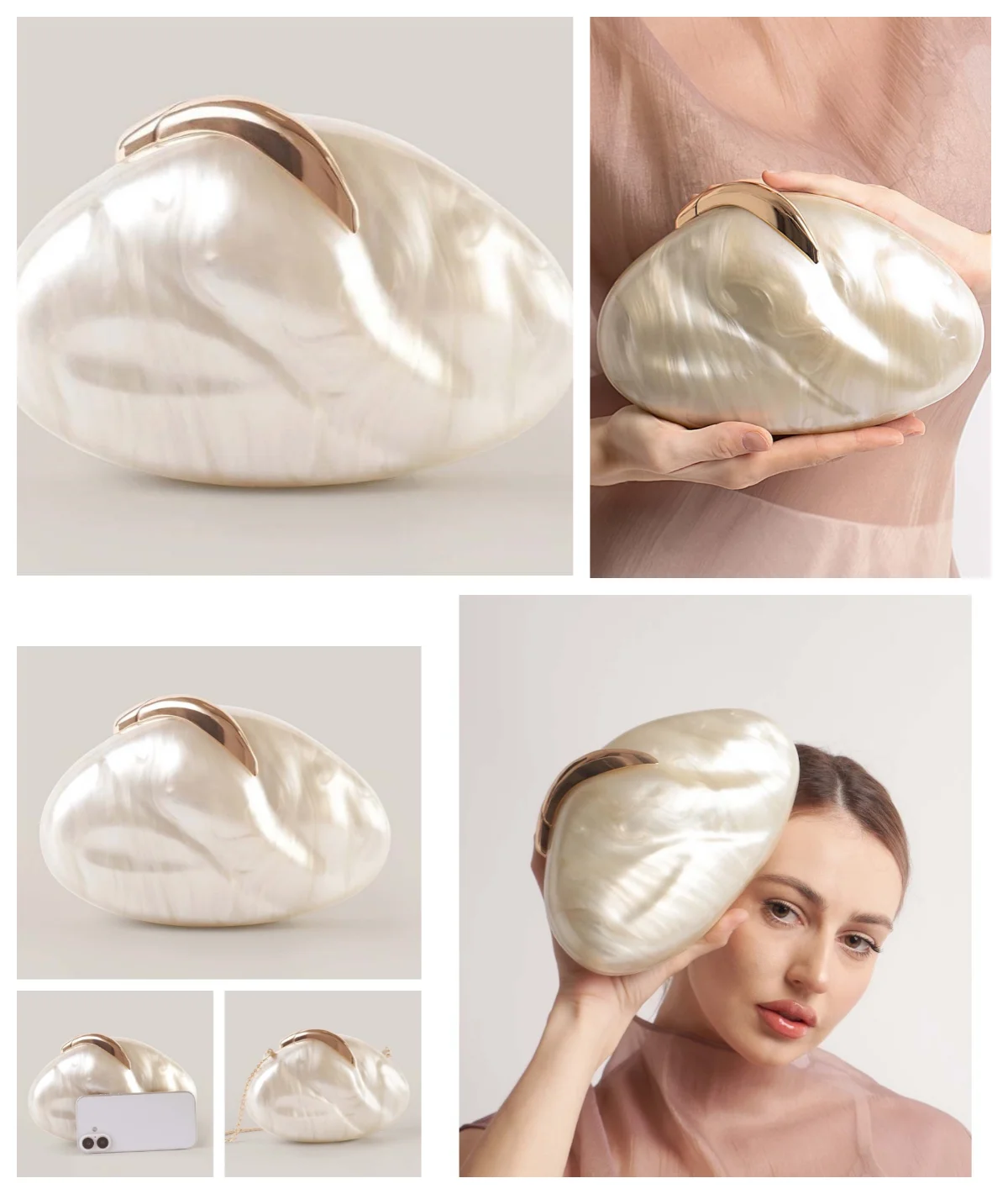 

Flower Oval Egg Shell Clutch Bag Acrylic Pearl Beige Frame Purse Women Wedding Evening Party Cute Ivory Handbag Mini Beach Bags