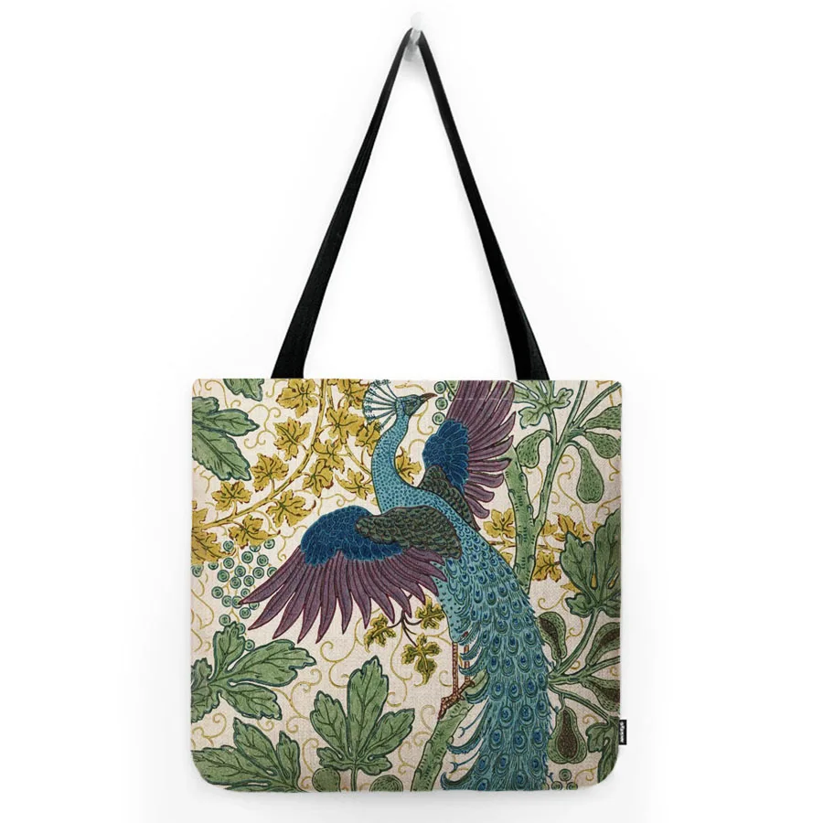 Classic UK Design William Morris Walter Crane Animal Pattern Hare Peacock Fox Rabbit Forest Blue Linen Tote Bag Shoulder Bag