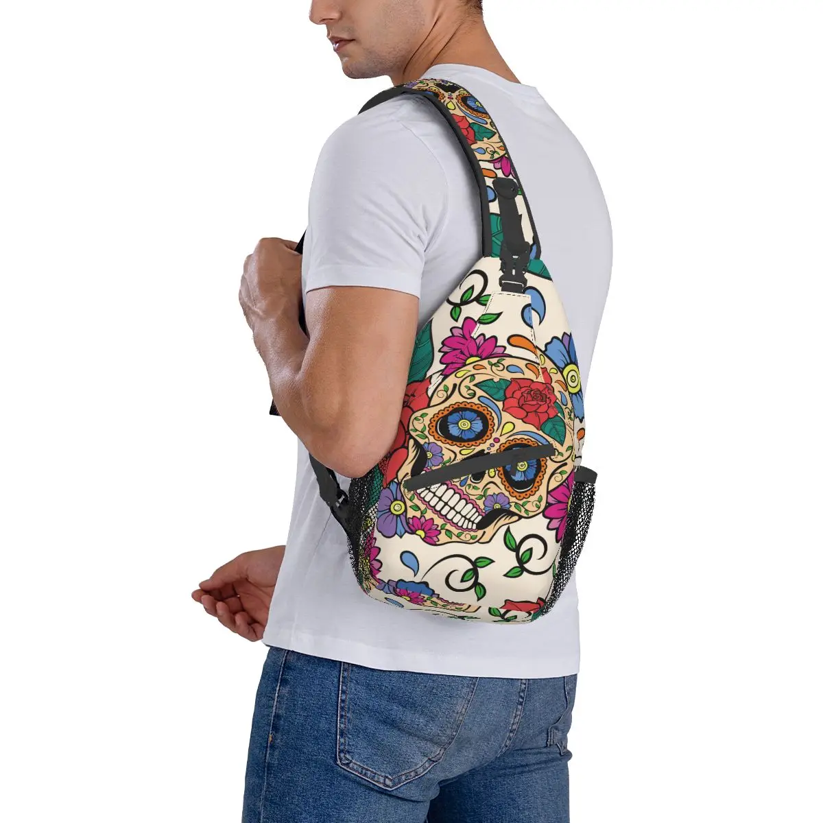 Sugar Skull Rose Mexican Sling Bags Chest Crossbody Shoulder Sling Backpack Travel Hiking Daypacks Day of the Dead Halloween Bag