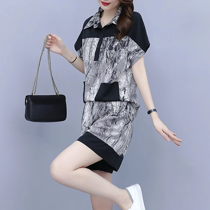 2 Piece Sets Women 2024 Summer Korean Fashion Print Patchwork Short Sleeve Tops Female Casual Street Pockets Loose Shorts Outfit