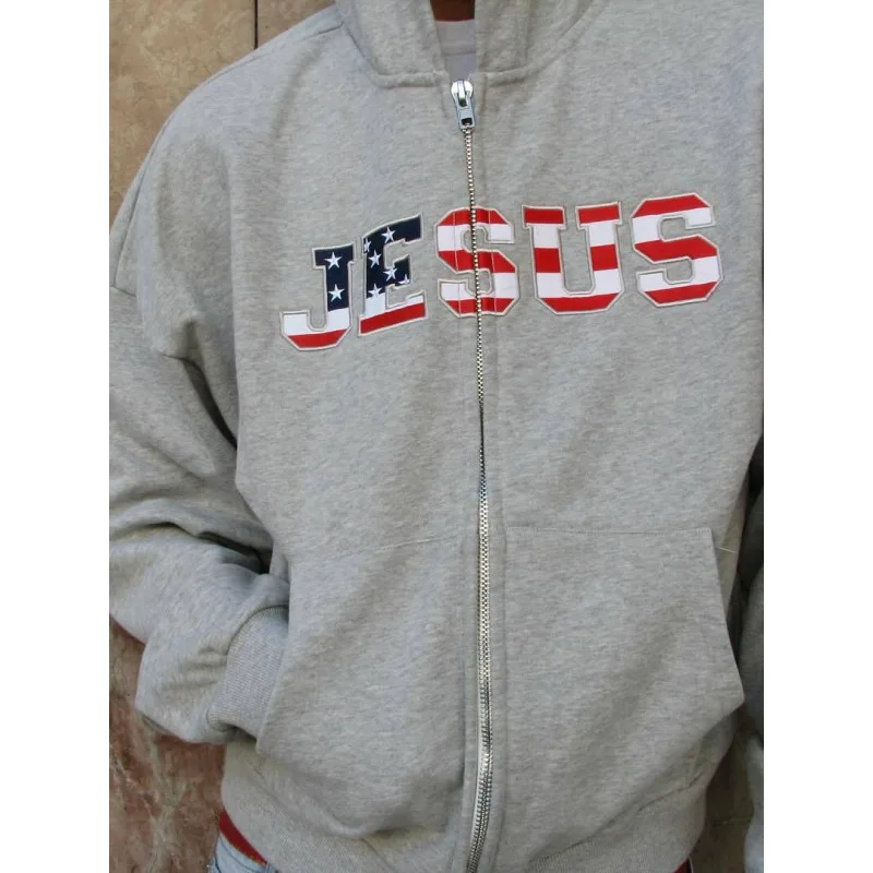 Autumn and winter American loose fashion street casual personality letter colorful printed hooded cardigan sweatshirt