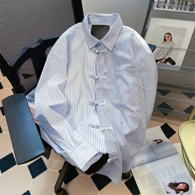 Spring Fashion Vintage Spliced Color Striped Blouse Y2k Literary Single Breasted Shirts Harajuku Office Lady Women Casual Clothe