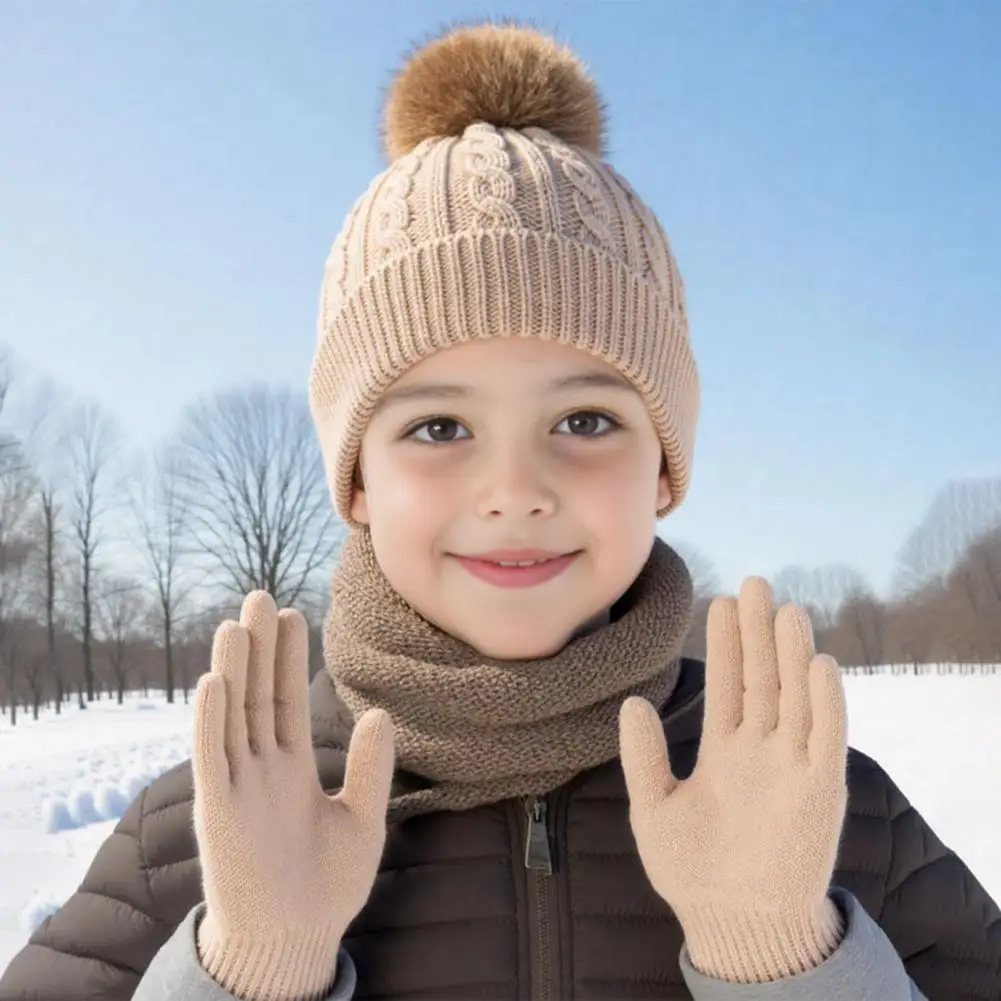 Baby Hat Scarf Gloves Set 3pcs Women Winter Hat Scarf Gloves Set with Plush Ball Decor Twist Texture Fleece Lined Neck Warmer