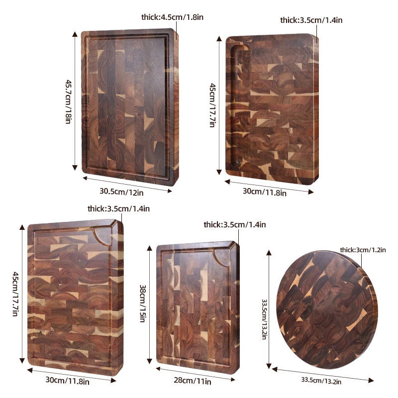 كتلة تقطيع سميكة ألواح تقطيع خشب السنط على الوجهين باستخدام لوح الجبن الخشبي مستطيل نهاية مستديرة كتلة جزار الحبوب #6