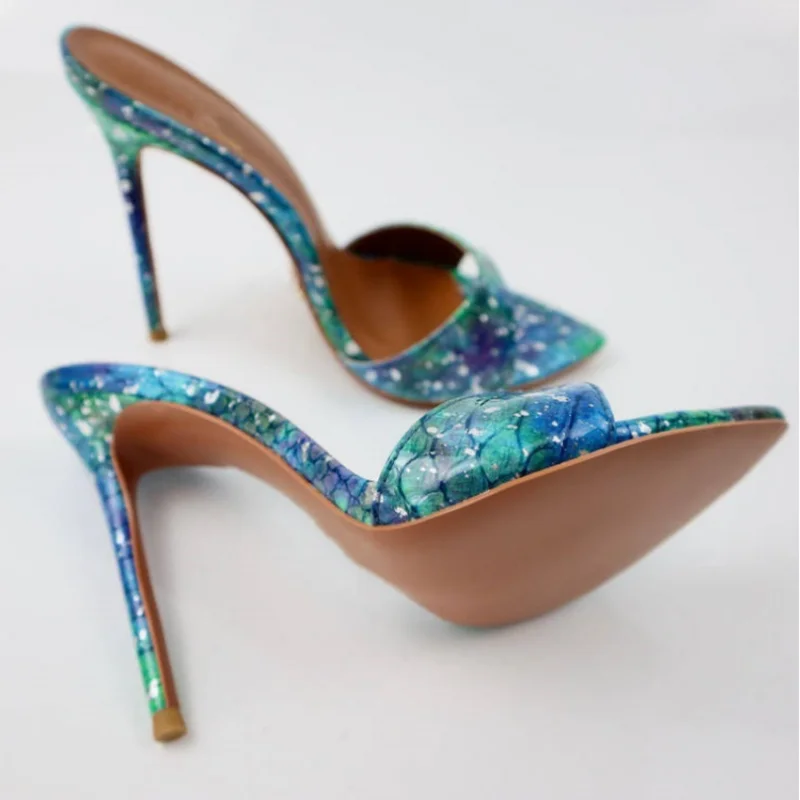 

Newest Green Snakeskin Printed Leather High Heel Mules Shoes Pointed Toe Slip On Cover Heels Summer Sandals Plus Size46