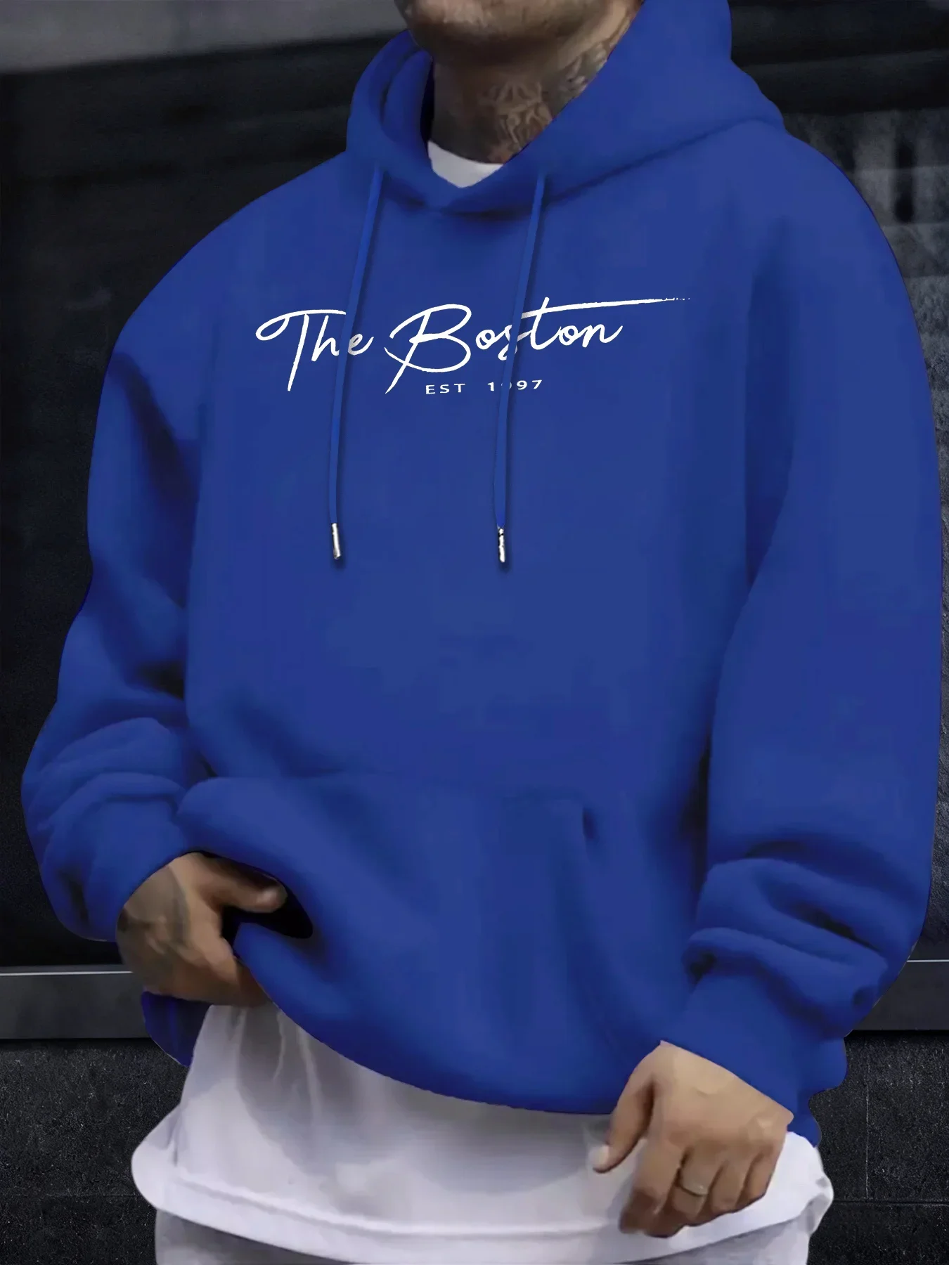 Vintage Handwritten Script Letter Print Hoodie For Men Autumn Winter Minimal Urban Style Oversized Unisex Fleece Pullover