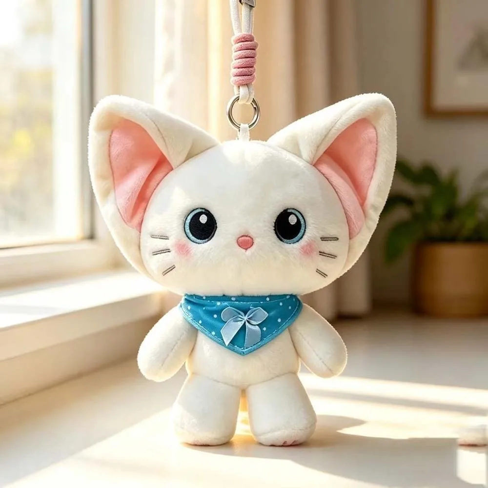 Ribbon Bow Plush Cat Keychain Candy Color Soft Velvet Cute Kitten Pendant Beaded Necklace Embroidered Paws Big Ears Cat Charm