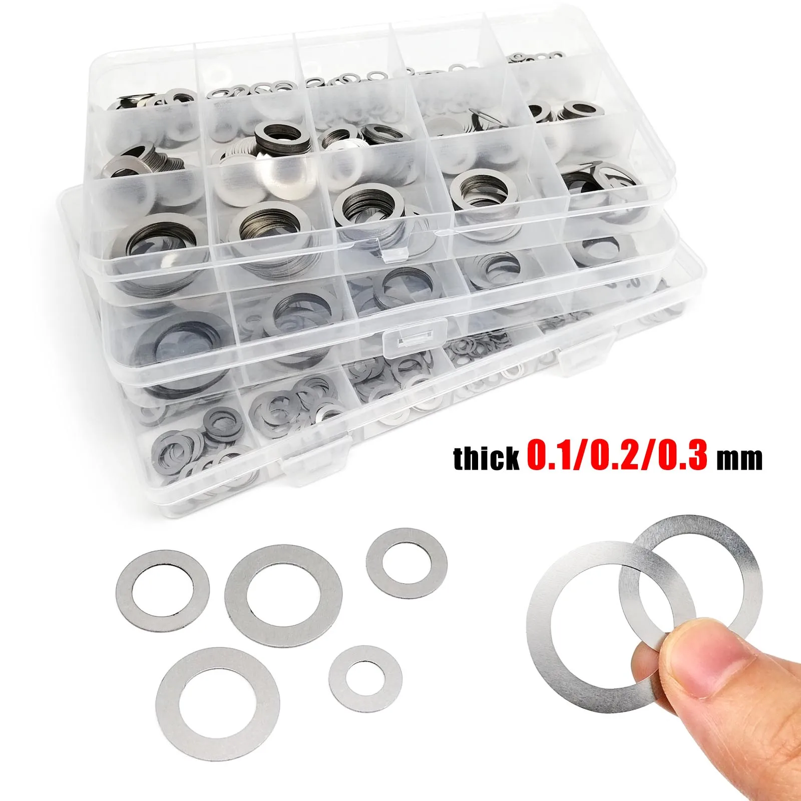 1 Box 0.1mm 0.2mm 0.3mm Thick Ultra Thin Flat Washer Adjusting Shim Plain Gasket Kit Set Mix Size M3 to M20 304 Stainless Steel