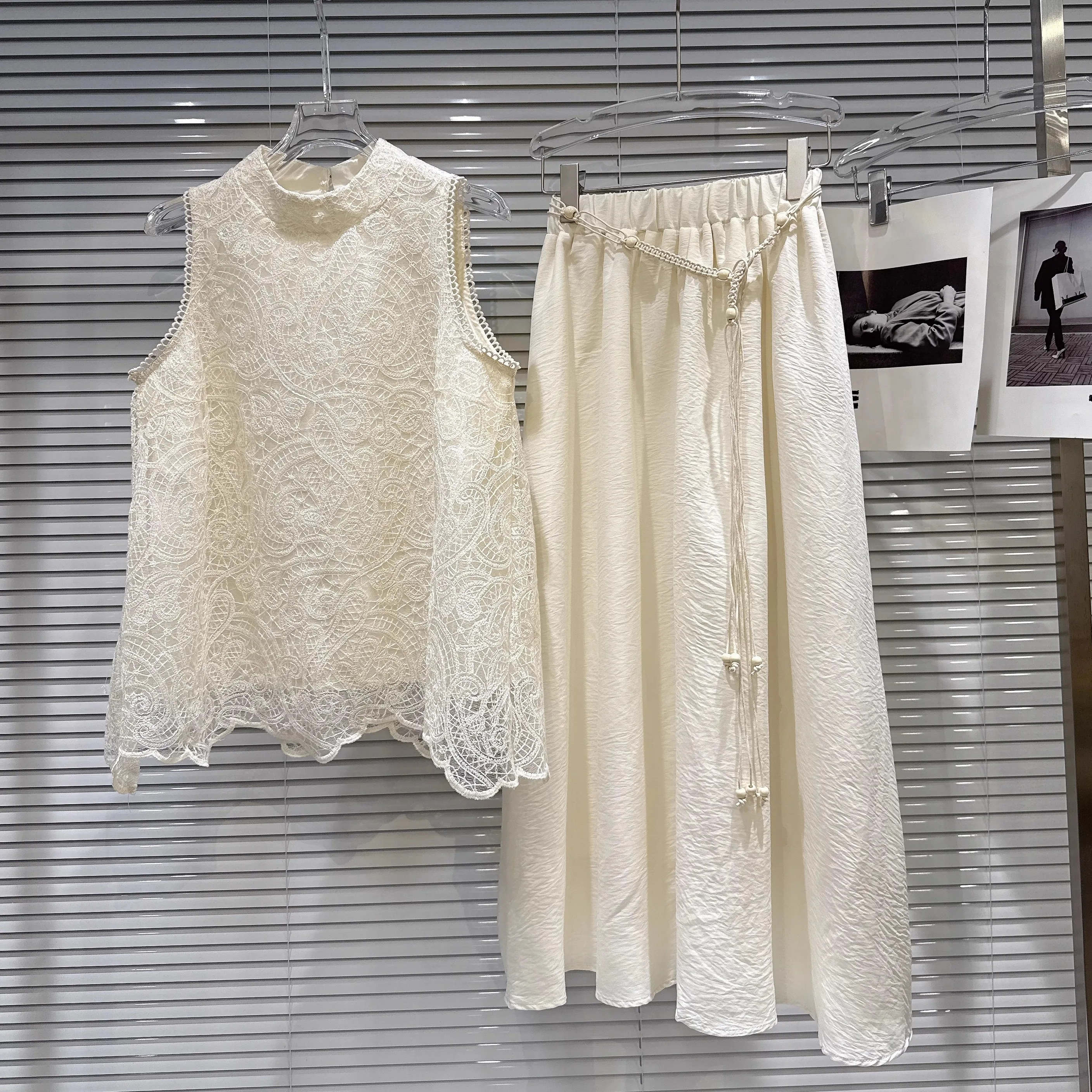 

Elegant Lace Hollow out Vest Belted Long Skirt Thin Set Summer 2026 Fashion Women's Two-Piece Suit round Neck Short Sleeve