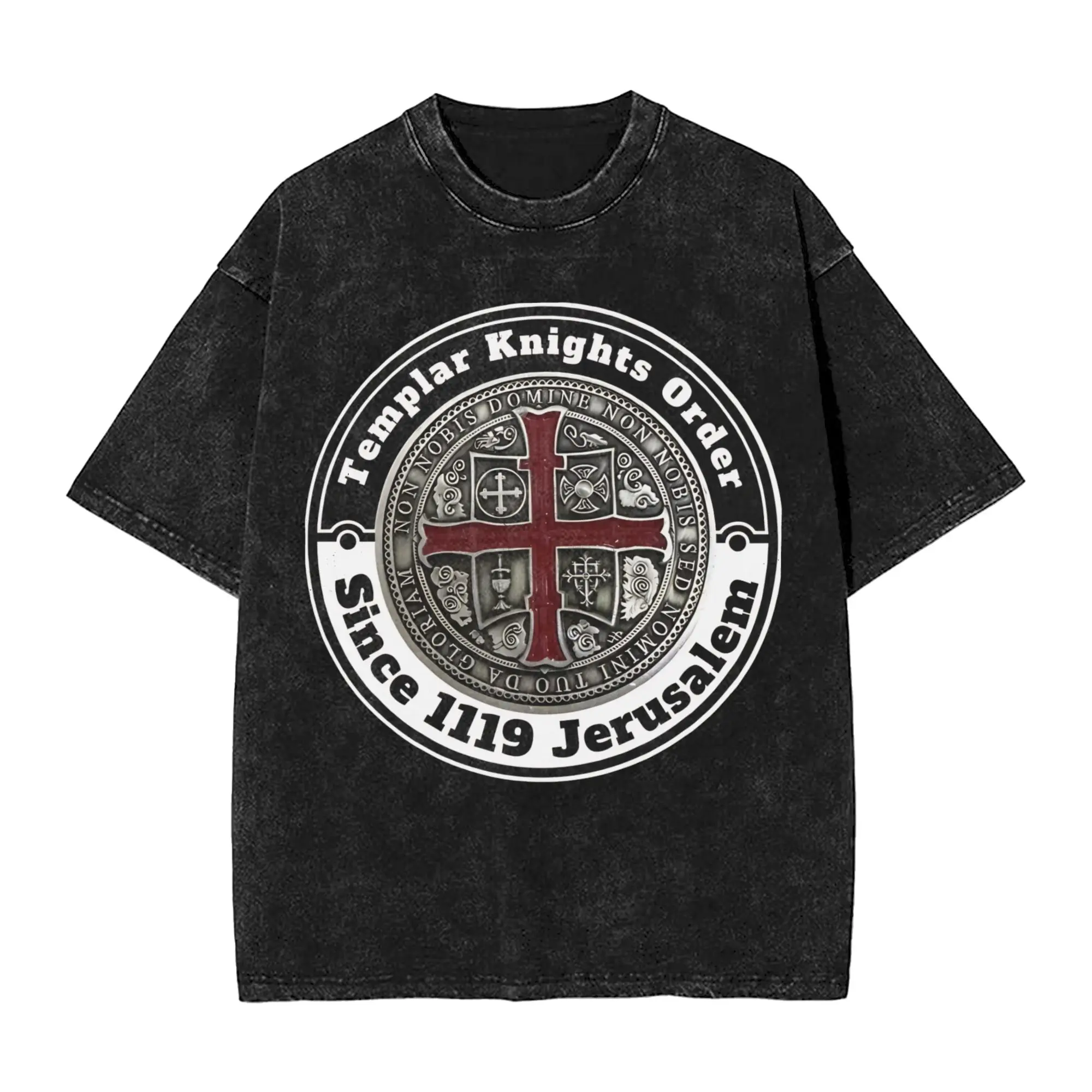 Templar Cross Knights Washed T Shirt Streetwear Hip Hop Vintage T-Shirt  Tees Tops Men Women Short Sleeve High Street