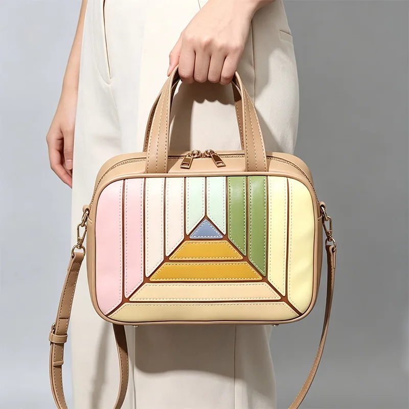 Women Pu Leather Handbag Fashion Top Handle Bag Color Block Crossbody Purse Casual Shoulder Bag Small Tote Satchel For Ladies