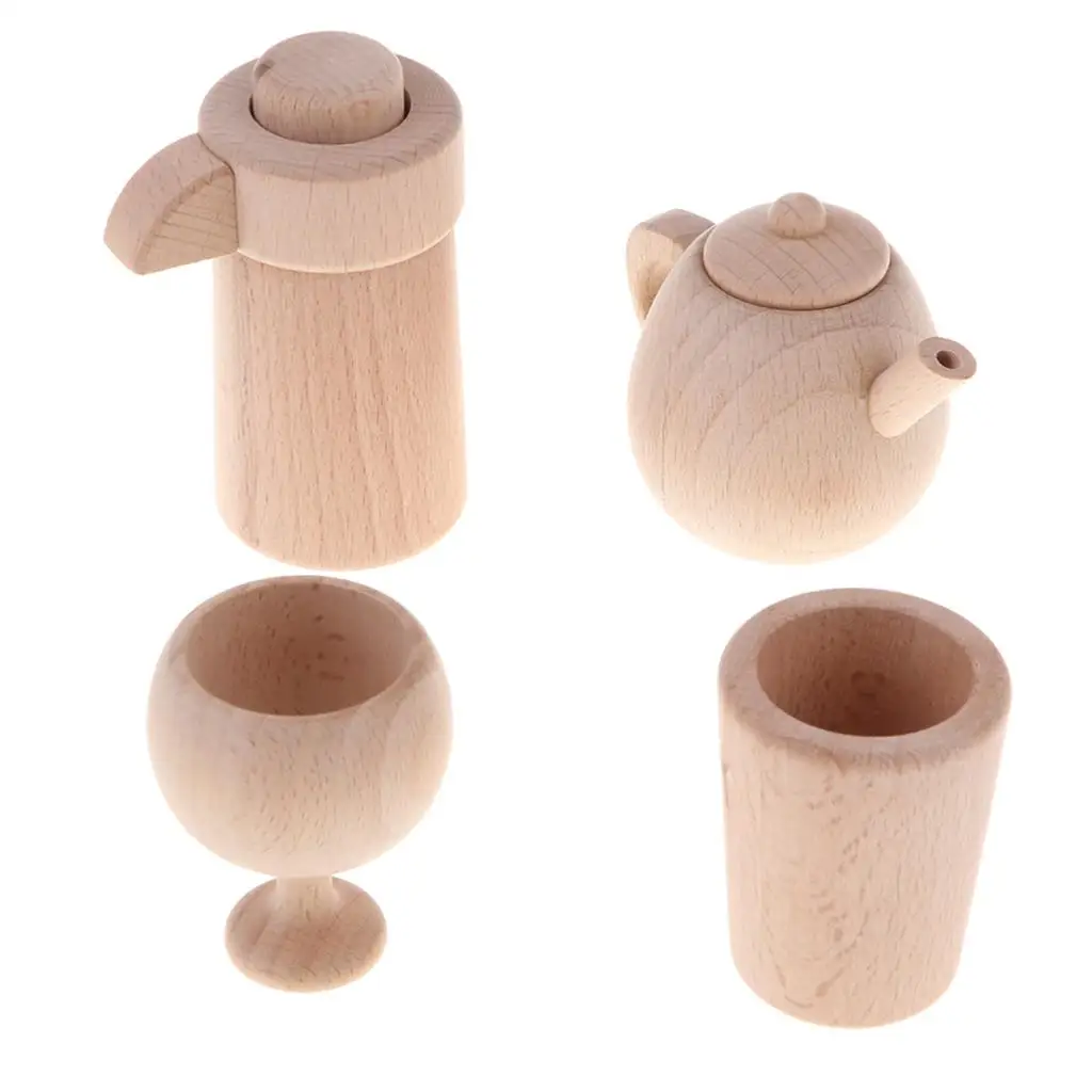 Natural Wood Educational Pretend Play Toy Kettle Cup for Boy Girls Role Play