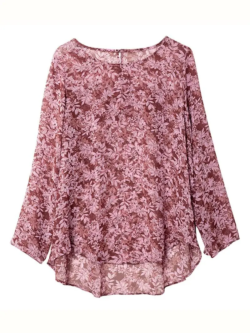 Printed Long Sleeved Round Neck Chiffon Shirt for Women in Summer Fashionable Korean Version Casual Loose and Slimming Top