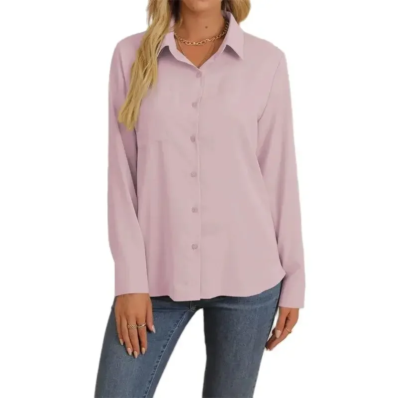 

Spring Autumn Solid Color Long Sleeve Shirt Women Lapel Neck Single-breasted Cardigan Blouse Female Single Pocket Splicing Tops