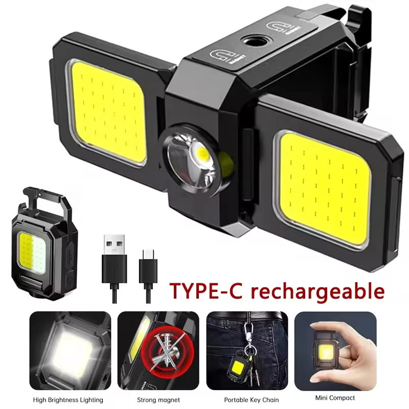 Flashlight Mini Keychain Light COB Work Light USB Rechargeable Lamp with 90° Foldable Side Lights Super Bright Portable Lanterns