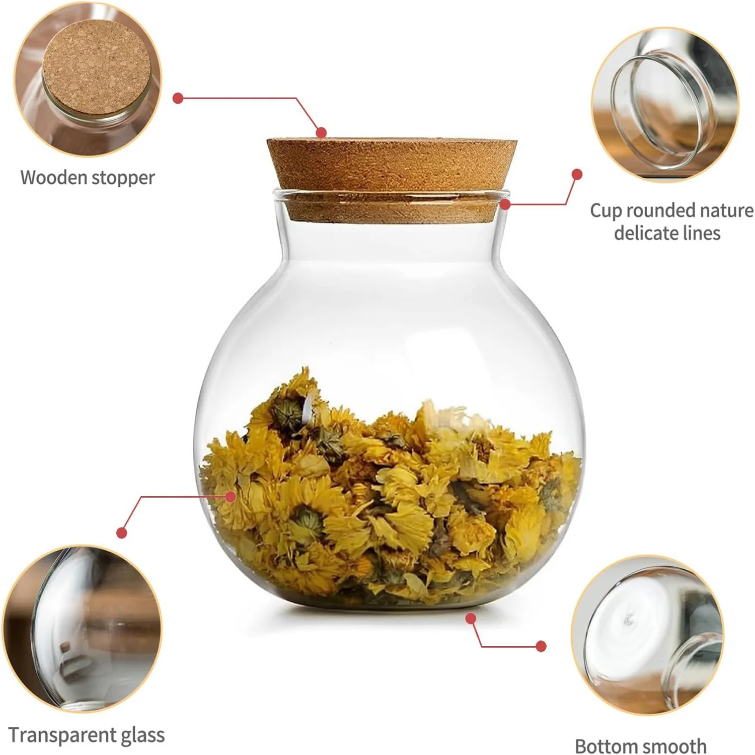 17oz Spherical Glass Jar With Cork Lid ,Candy Jar, Kitchen Glass Jar for Preserving and Storing Coffee, Spice, Beans, Sugar