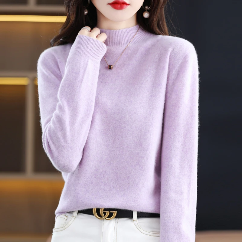 Autumn Winter 100% Merino Wool Sweater Women First Line Seamless Half-high Collar Pullover Basis Casual Cashmere Knit Solid Tops