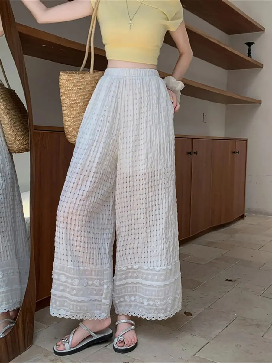 

Solid Spliced Lace Loose Calf-length Pants For Women High Waist Casual Minimalist Hollow out Embroidery Wide Leg Pant Female