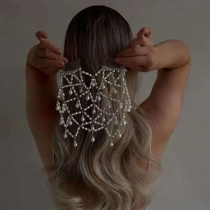 1Pcs Boho Pearl Mesh Headpiece Elegant  Pendant Wedding Hair Comb Head Chain Luxury Pearl Hair Chain Wedding Accessories
