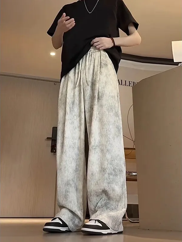 Summer Thin Ice Silk Quick Dry Loose Dyeing Treebark Pattern Men's Casual Pants Straight Leg Draping Loose Fit Casual Trousers