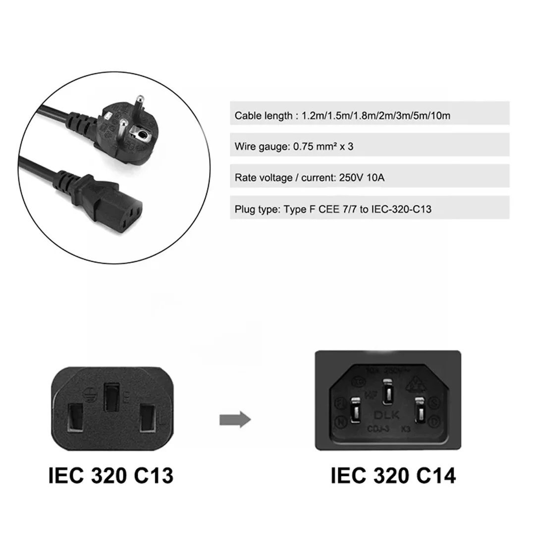 สายไฟอเนกประสงค์ EU/US ยาว 1.5 เมตร 5 ฟุต 3 ขา 18 AWG 60C 250V สำหรับ NEMA 5-15P ถึง IEC320C13 สีดำ PWC75A150 EU/US