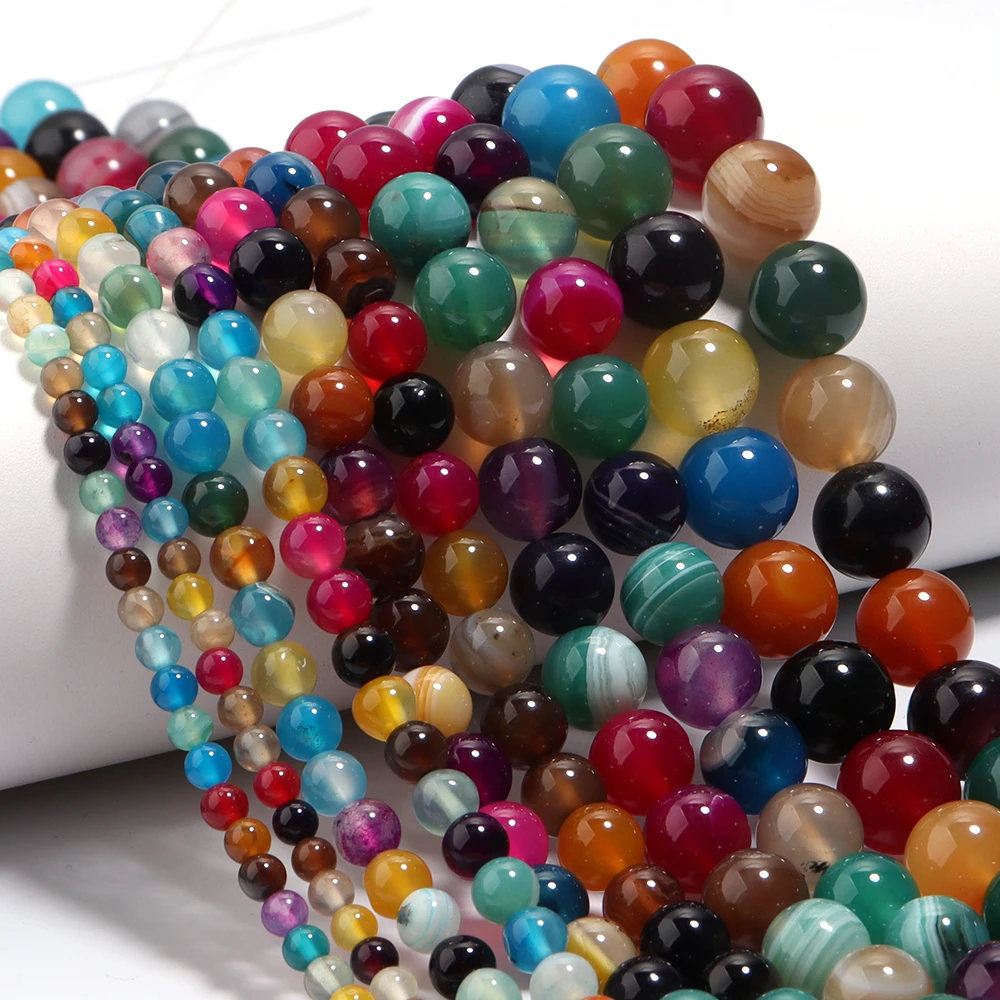 4 6 8 10 12 mm natürliche Achat-Steinperlen, bunte Streifen, runde lose Perlen für Schmuckherstellung, DIY-Armband, Halskette, Zubehör