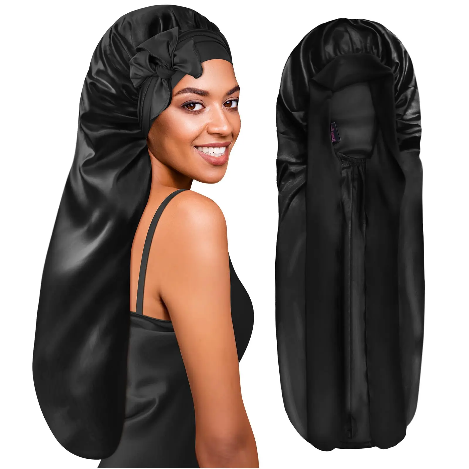 BONNET QUEEN Braid Bonnet Silk Foldable Extra Long for Braids Satin Sleeping Hair with Tie Band Sleep Cap Black