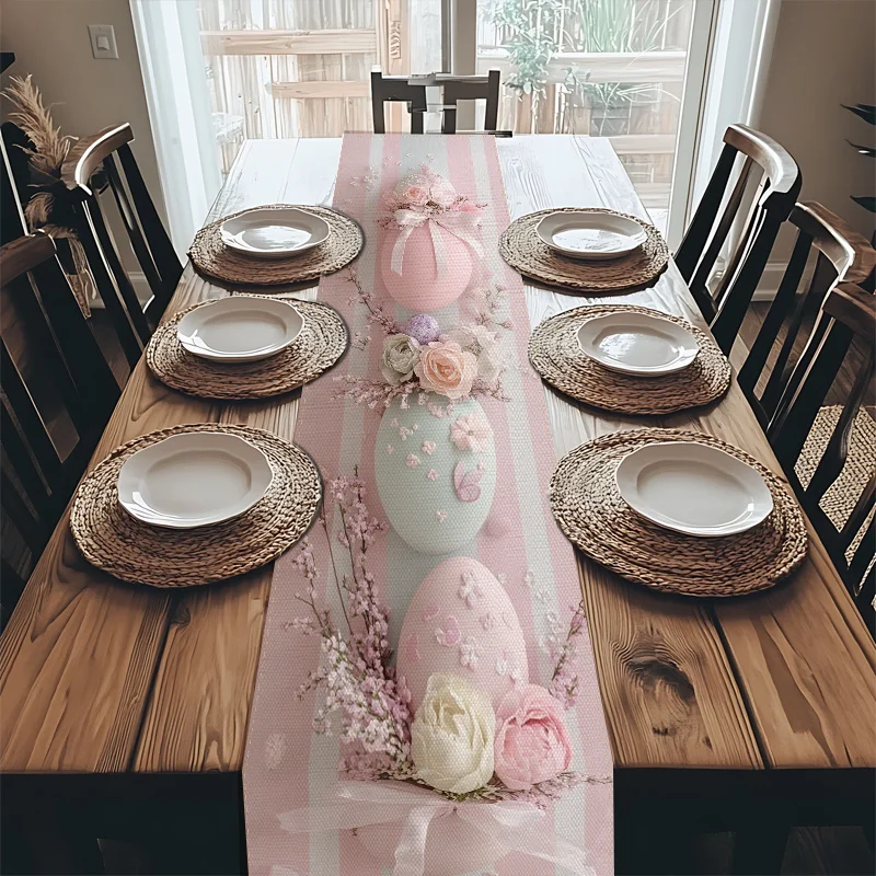 1Pc Table Runner, Tablecloth, Easter Egg and Floral Pattern, Decorated with Delicate Flowers and Bows, in Soft Watercolor Tones, Suitable for Easter, Spring, Valentine's Day, Birthdays, Weddings, and Other Occasions Suitable for Homes, Restaurants, Cafes, Kitchens, Dining Tables, Coffee Tables, and Buffet Tables, It Perfectly Matches the Needs of Event Setups, Banquets, Picnics, Holiday Decorations, Festive Displays, and Seasonal Table Decorations.