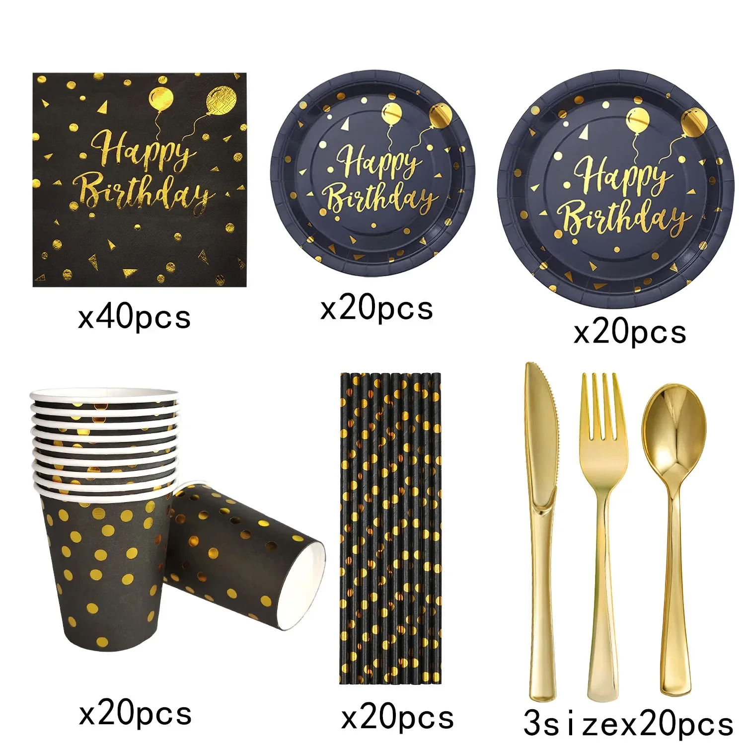 Zwart goud verjaardag wegwerpservies set papieren borden kopjes servetten tafelkleed geschikt voor verjaardagsfeestjes en bruiloften.