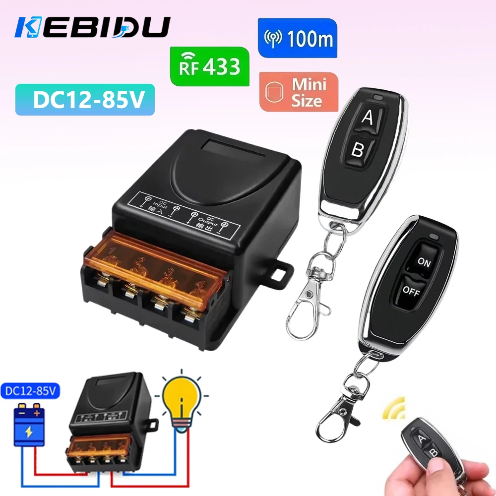 KEBIDU 433Mhz Drahtloser Fernbedienungsschalter 30A DC 12V 24V 36V 85V Hochleistungs-RF-Relaisempfänger für Licht, Lampe, LED mit 100m Reichweite