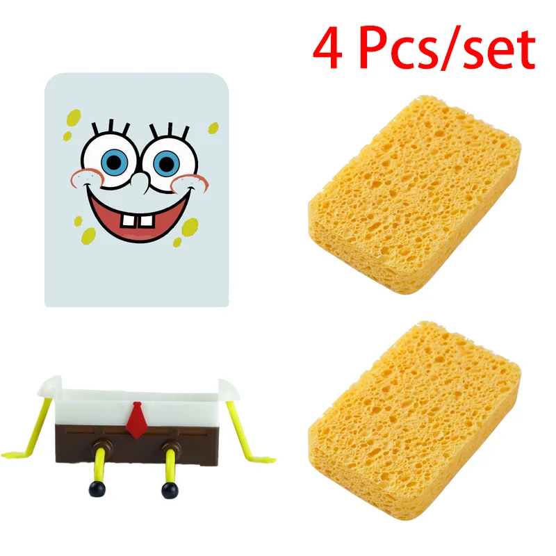 4 Pcs/set SpongeBob Dish Washing Brush Sponge Kitchen Supplies Drain Rack Cleaning Dishes Brushes Reusable Scrub Scouring Pad