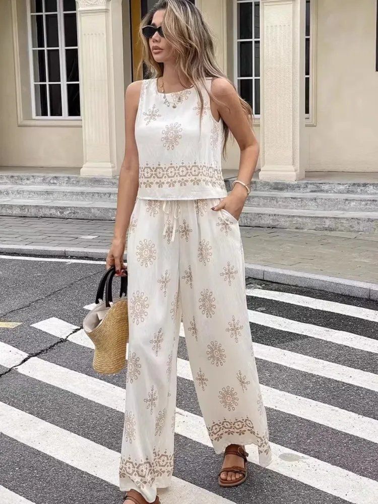 

Women's Casual Pant Sets 2026 Summer Fashion Printed Streetwear Sleeveless Tank Tops Waist Loose Wide Leg Pants 2 Piece Sets