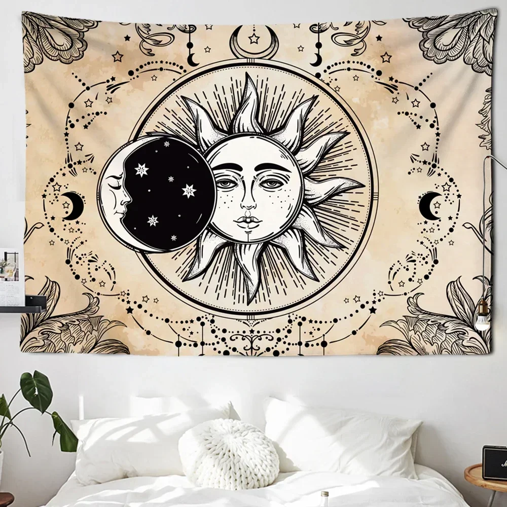 

White Black India Mandala Hanging Sun Moon Tarot Wall Tapestry Wall Carpet Psychedelic Tapiz Witchcraft Wall Cloth