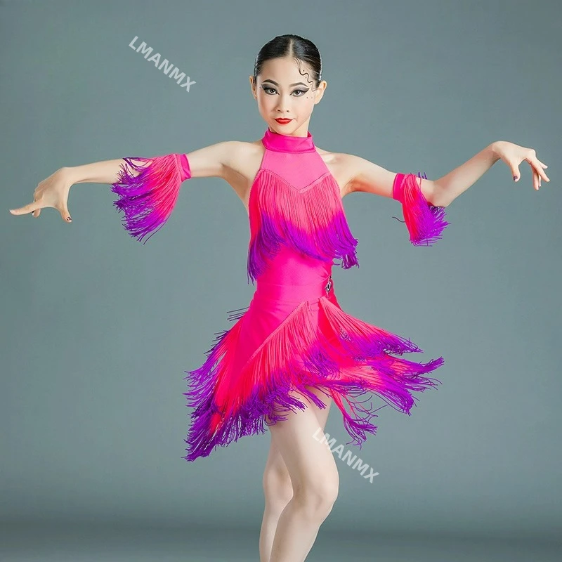 

Children's Latin performance costume, girls' competition costume, floral costume, gradient tassel performance dance costume