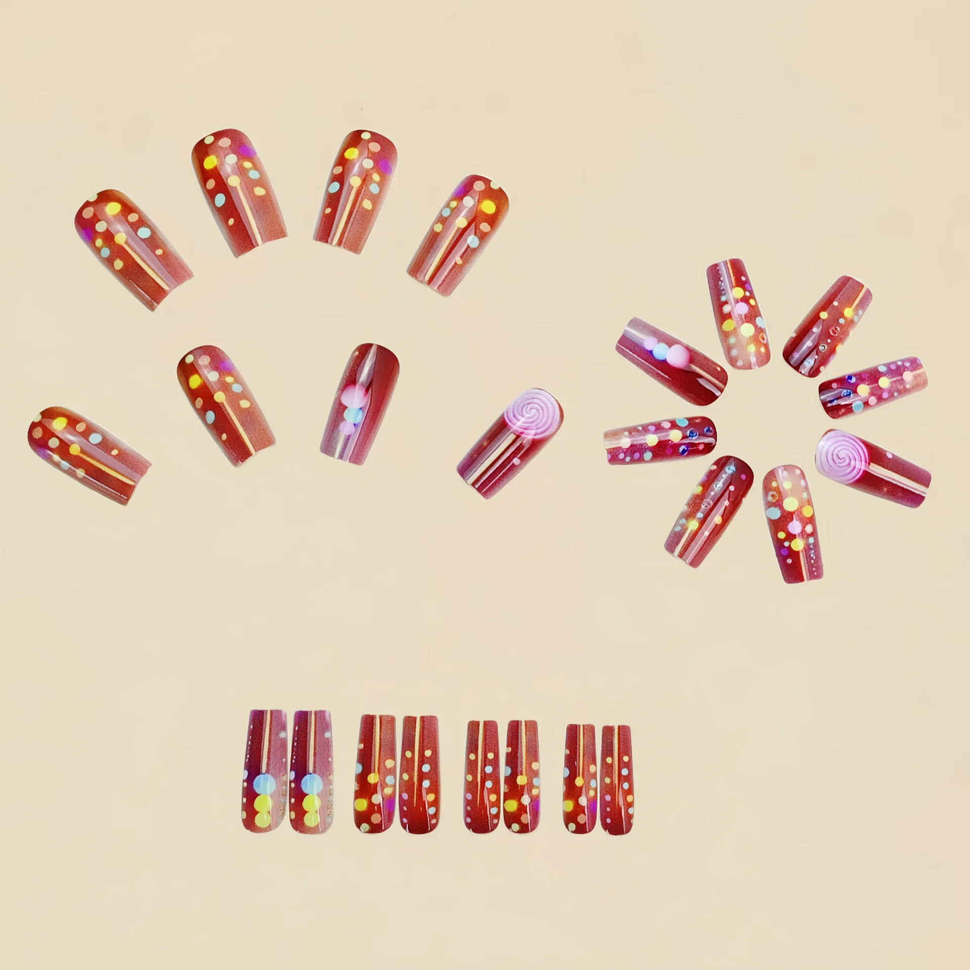 Medium long fake nails for women girls light red brown colors with Candy printing full cover reusable press on nails art set