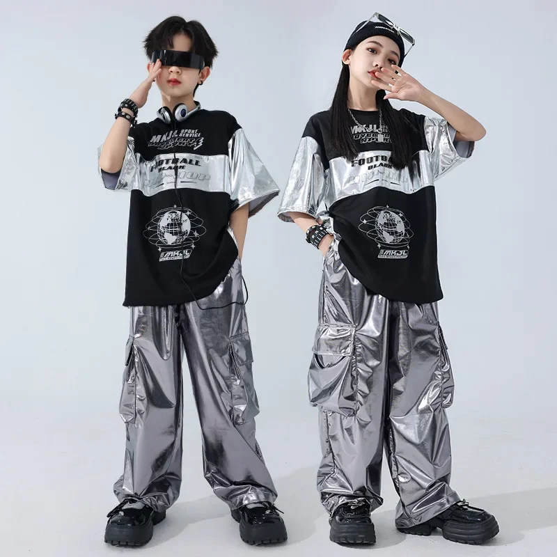 Jungen Hip Hop Patchwork T-shirt Silber Street Dance Cargo Hosen Mädchen Pailletten Streetwear Kinder Jazz Kleidung Kinder Bühne Kostüm