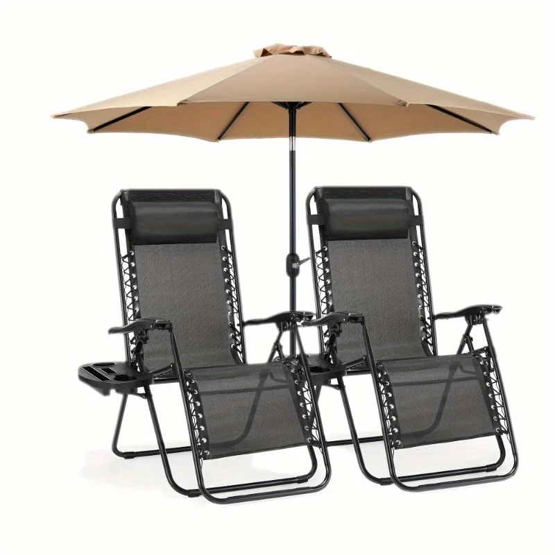 1pc Outdoor folding portable recliner with cup holder, adjustable high back chair, headrest, beach, pool, outdoor camping