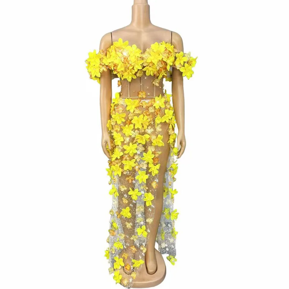 Ręcznie Robione Kwiaty Perły Ozdobne Siateczkowe Bluzki i Spódnice Komplet Kwiatowy Strój na Urodziny Elegancka Sukienka na Występy Sesje Zdjęciowe Stroje Sceniczne