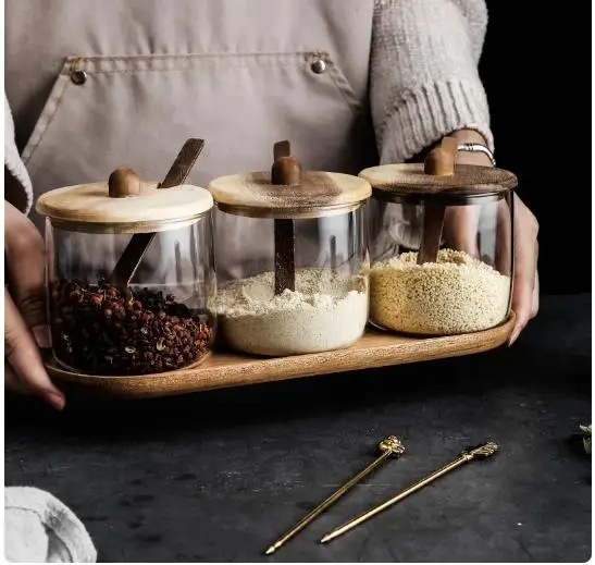 

Современная простая прозрачная стеклянная банка для приправ, деревянная основа, кухонная бутылка для хранения соли, перца, украшение для дома