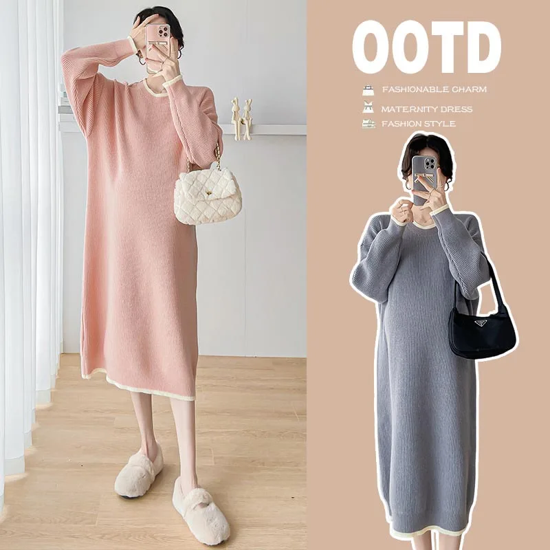 Maternity Autumn and Winter Dresses Fashion Knitted Maternity Sweaters Dress Elegant Loose Clothes for Pregnant Women Pregnancy