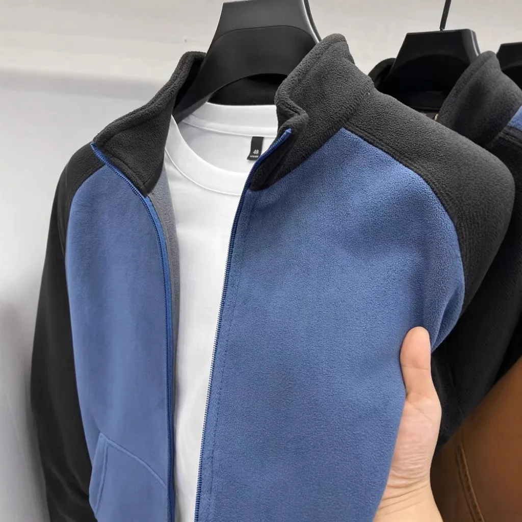 Winter plush thick double-sided Australian fleece stand up collar sweatshirt men's zipper cardigan color blocked trendy jacket