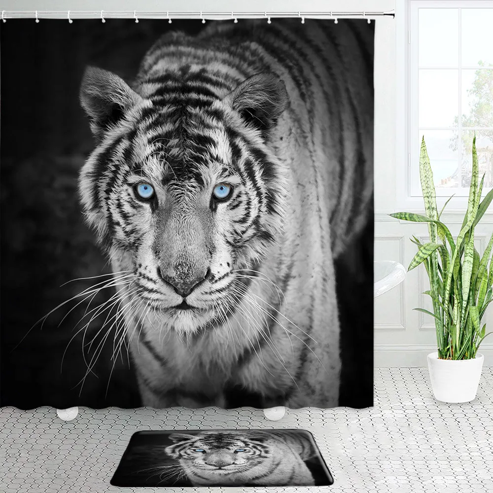 Nero bianco tigre tenda da doccia Set animale selvatico Gazing Modern Home bagno Decor tappeto tappeto antiscivolo tappetino da bagno coperchio del water