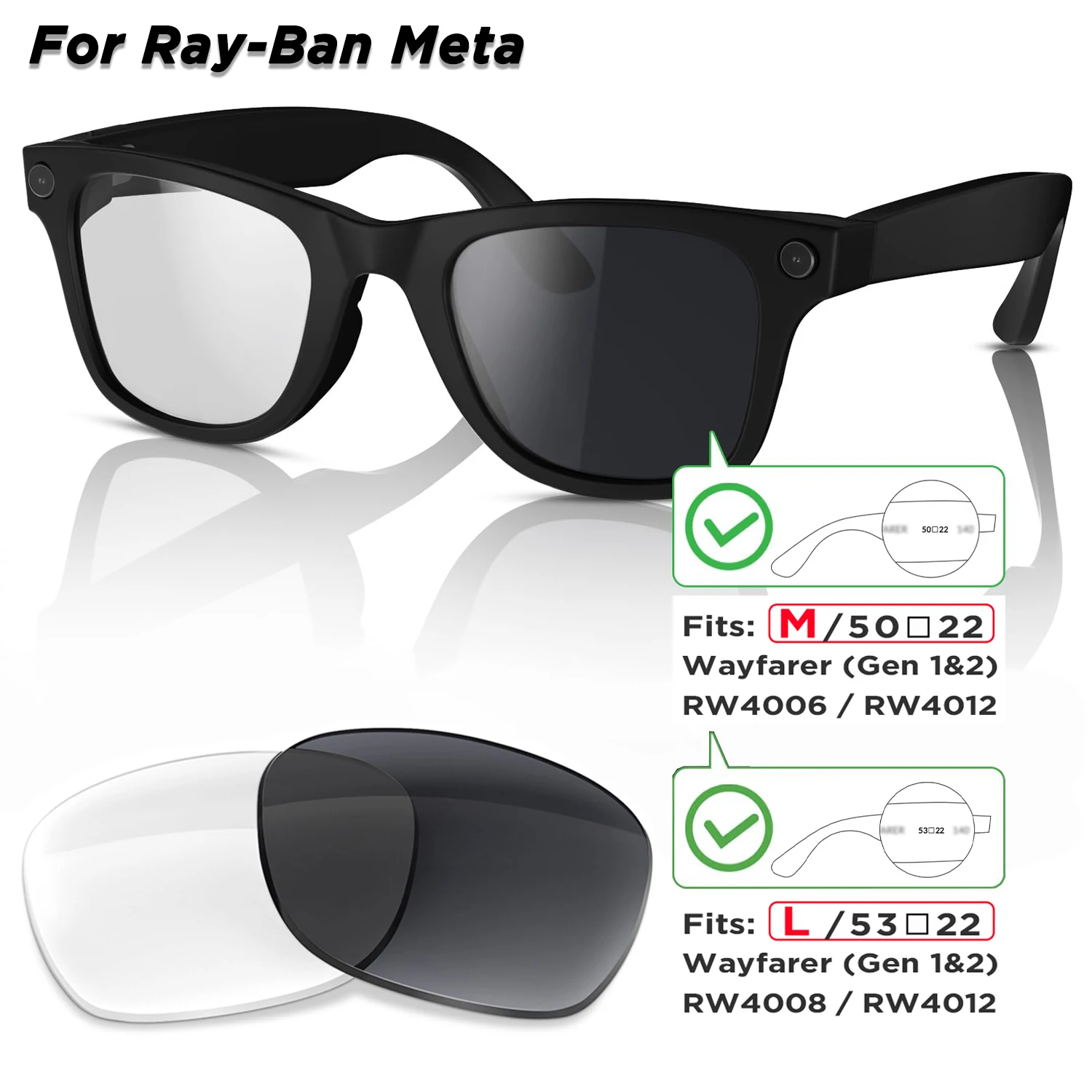 Lentilles de remplacement photochromiques et polarisées pour lunettes intelligentes Ray-Ban Meta Wayfarer RW4006 / RW4008 / RW4012 Gen1/2 AI