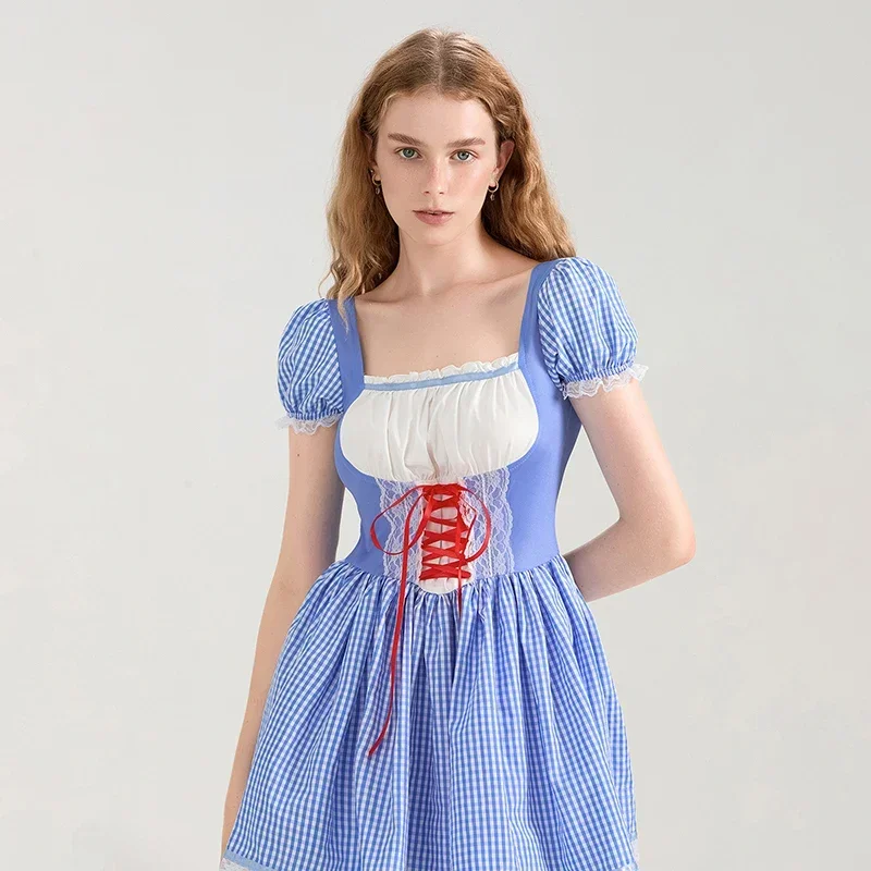 Women Cosplay Dress, Short Sleeve Square Neck Lace Patchwork Plaid Mini Dress Halloween A-line Dress