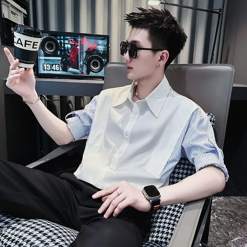 Summer Men Short Sleeve Shirt Casual Striped Spliced Fake Two Piece Fashion Simple Business Casual 2xl Oversized Blouse Tops Tee