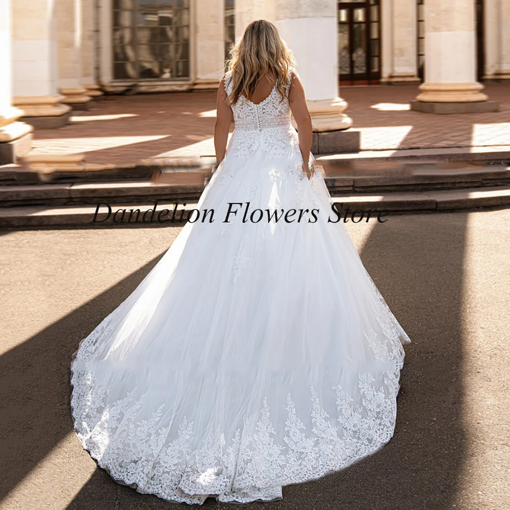 Vestidos De novia De talla grande personalizados para novia, tul sin mangas con apliques De encaje, vestidos De novia Línea A, bata De tren De barrido