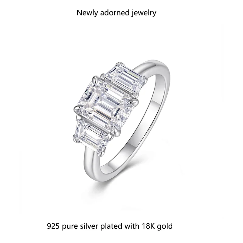 

A high-end European and American cross-border rectangular 2.0 carat moissanite ring, three-stone style, emerald cut, S925 pure s